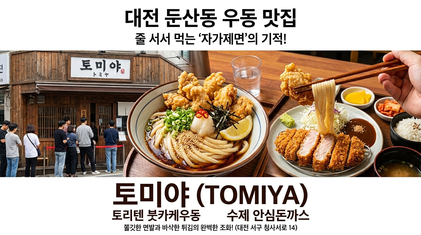 대전 둔산동 우동 맛집 토미야 매장 외관 대기줄과 토리텐 붓카케우동, 수제 안심돈까스 음식 사진